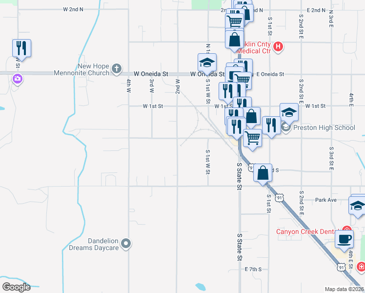 map of restaurants, bars, coffee shops, grocery stores, and more near 225 South 2nd West Street in Preston