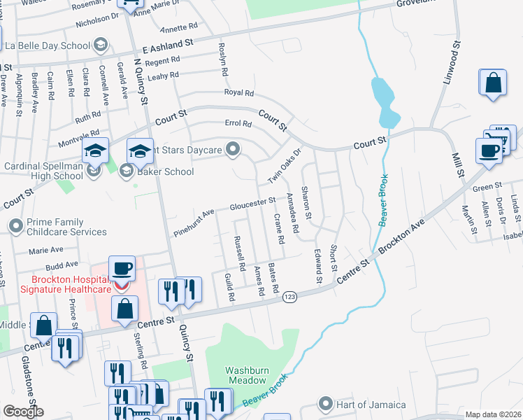 map of restaurants, bars, coffee shops, grocery stores, and more near 118 Bates Road in Brockton