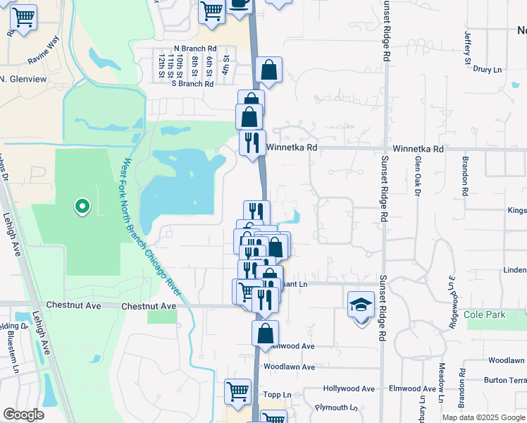 map of restaurants, bars, coffee shops, grocery stores, and more near in Glenview