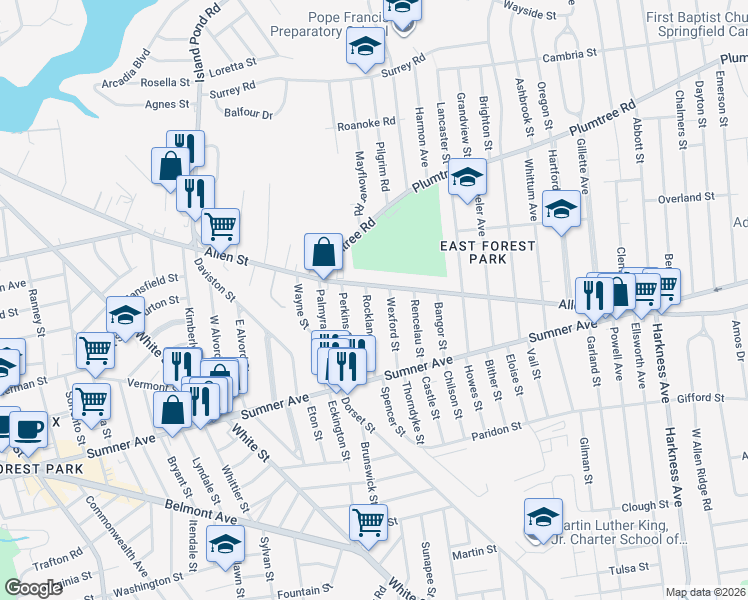 map of restaurants, bars, coffee shops, grocery stores, and more near 87 Rockland Street in Springfield