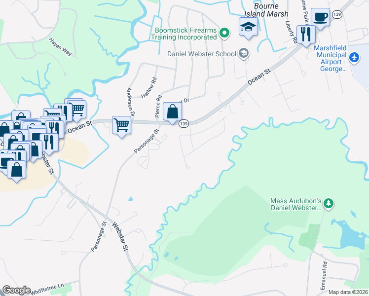 map of restaurants, bars, coffee shops, grocery stores, and more near 39 Woodlawn Circle in Marshfield