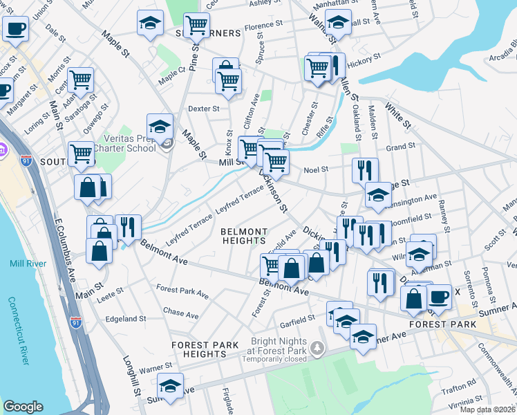 map of restaurants, bars, coffee shops, grocery stores, and more near 129 Bellevue Avenue in Springfield