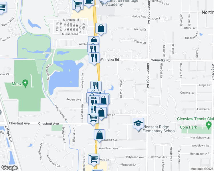 map of restaurants, bars, coffee shops, grocery stores, and more near 2029 Ammer Ridge Court in Glenview