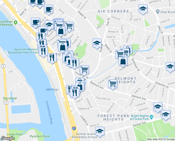 map of restaurants, bars, coffee shops, grocery stores, and more near 34 Warriner Avenue in Springfield