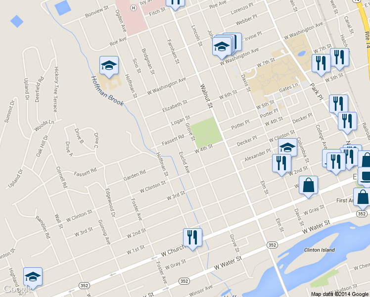 map of restaurants, bars, coffee shops, grocery stores, and more near 656 Euclid Ave in Elmira