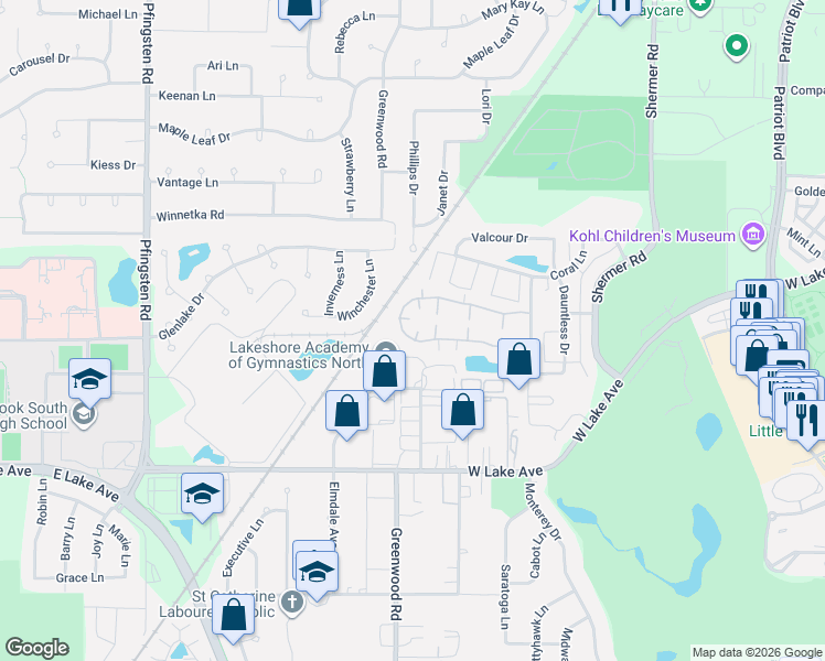map of restaurants, bars, coffee shops, grocery stores, and more near 933 Buccaneer Drive North in Glenview