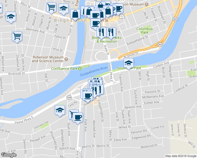 map of restaurants, bars, coffee shops, grocery stores, and more near 22 Conklin Avenue in Binghamton