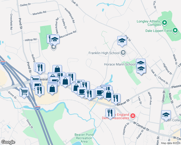 map of restaurants, bars, coffee shops, grocery stores, and more near 94 Highwood Drive in Franklin