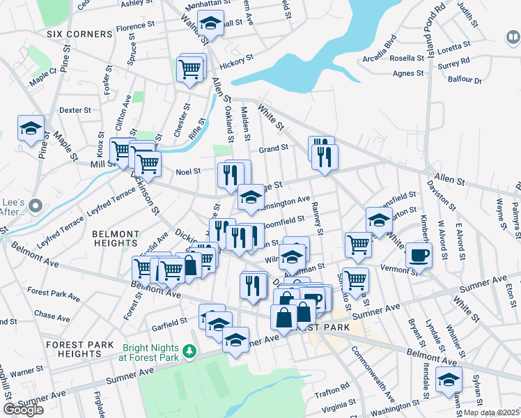 map of restaurants, bars, coffee shops, grocery stores, and more near 51 Kensington Avenue in Springfield