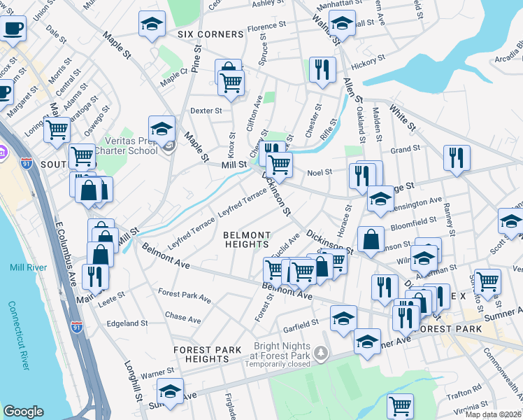 map of restaurants, bars, coffee shops, grocery stores, and more near 129 Bellevue Avenue in Springfield