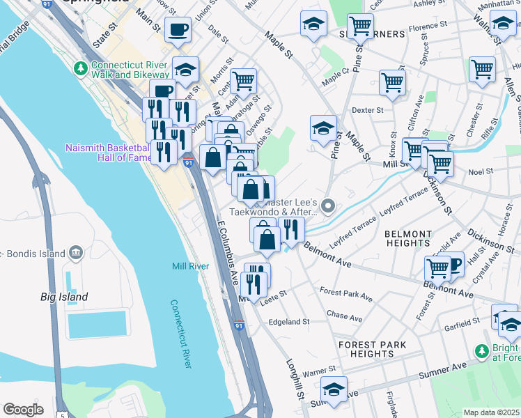 map of restaurants, bars, coffee shops, grocery stores, and more near 9 Locust Street in Springfield