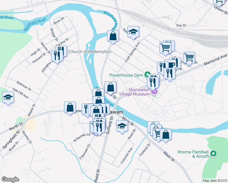 map of restaurants, bars, coffee shops, grocery stores, and more near 21 River Street in West Springfield