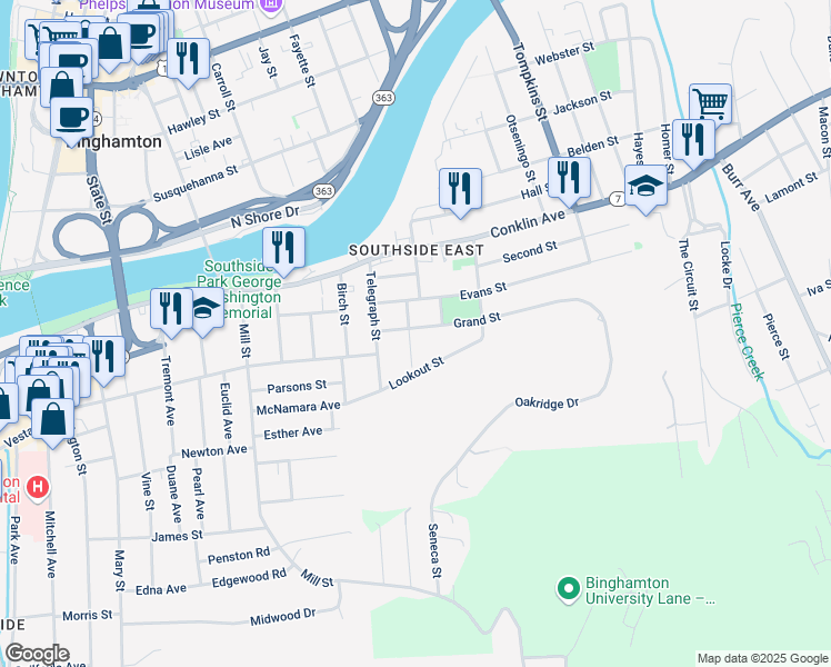 map of restaurants, bars, coffee shops, grocery stores, and more near 10 1/2 Grand Street in Binghamton