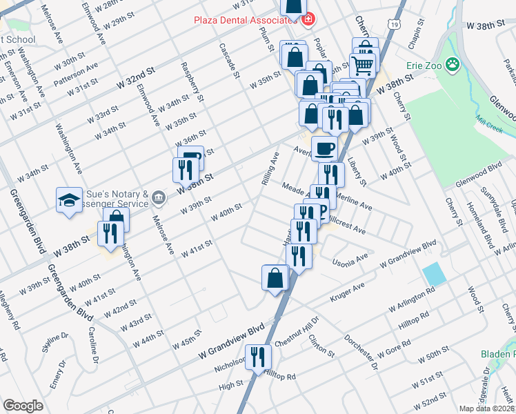 map of restaurants, bars, coffee shops, grocery stores, and more near 150 Brighton Avenue in Erie