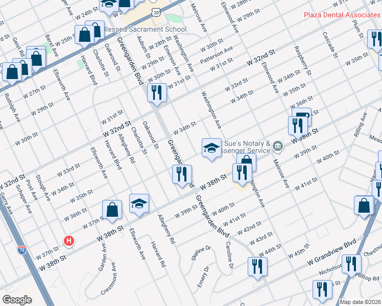 map of restaurants, bars, coffee shops, grocery stores, and more near 1525-1569 W 36th St in Erie