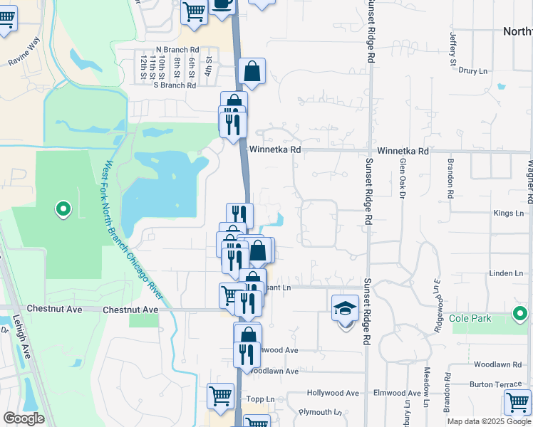 map of restaurants, bars, coffee shops, grocery stores, and more near 2029 Ammer Ridge Court in Glenview