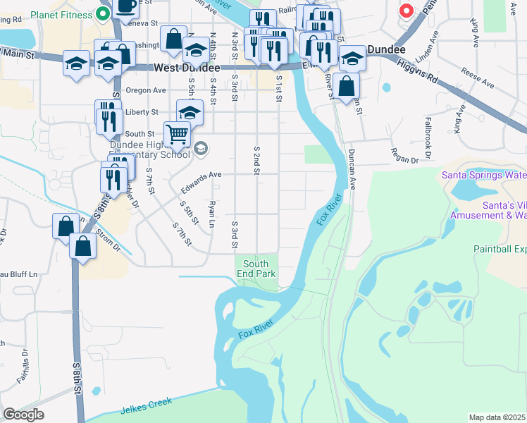 map of restaurants, bars, coffee shops, grocery stores, and more near 539 South 2nd Street in West Dundee