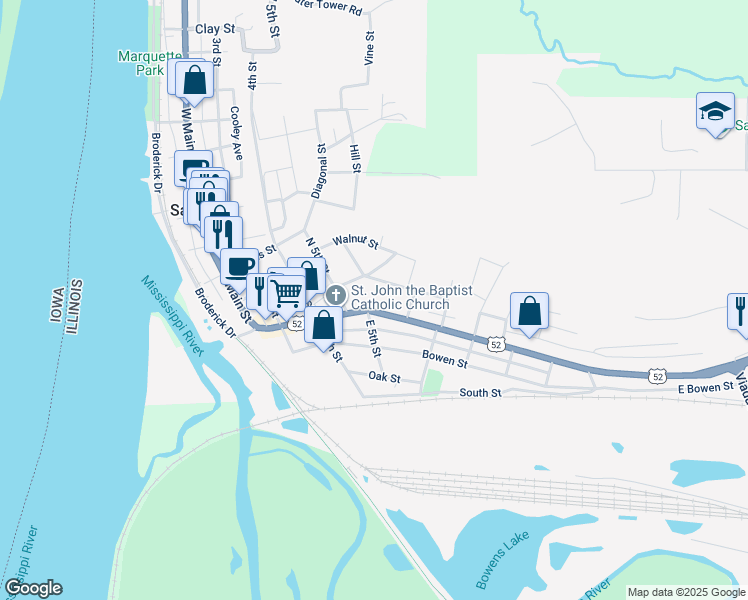 map of restaurants, bars, coffee shops, grocery stores, and more near Chicago Avenue in Savanna