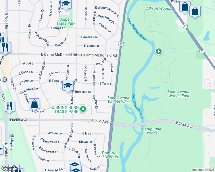 map of restaurants, bars, coffee shops, grocery stores, and more near 2015 East Tano Lane in Mount Prospect