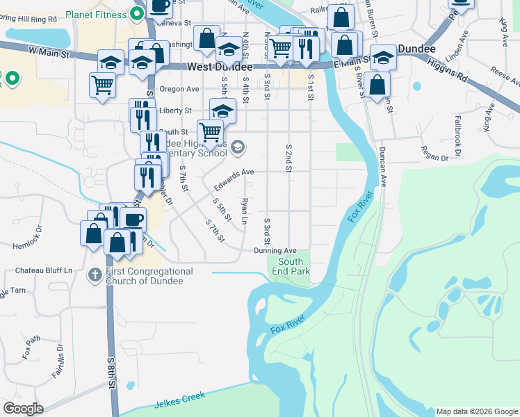 map of restaurants, bars, coffee shops, grocery stores, and more near 536 South 3rd Street in West Dundee