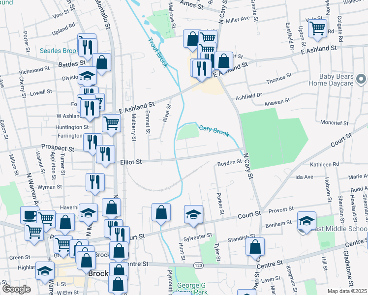 map of restaurants, bars, coffee shops, grocery stores, and more near 20 Carter Street in Brockton