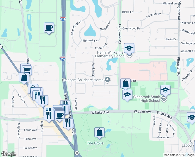 map of restaurants, bars, coffee shops, grocery stores, and more near 1919 Franklin Drive in Glenview