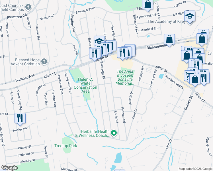 map of restaurants, bars, coffee shops, grocery stores, and more near 111 Talmadge Drive in Springfield