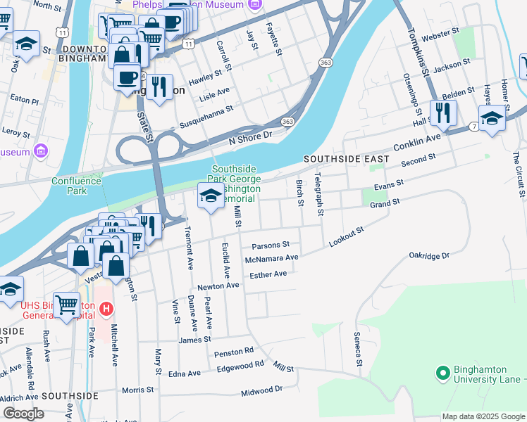 map of restaurants, bars, coffee shops, grocery stores, and more near 17 High Street in Binghamton