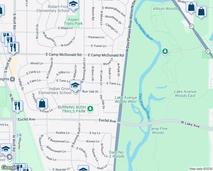 map of restaurants, bars, coffee shops, grocery stores, and more near 2005 East Tano Lane in Mount Prospect