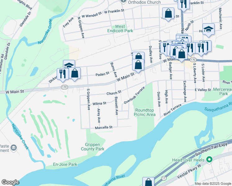 map of restaurants, bars, coffee shops, grocery stores, and more near Church Street in Endicott