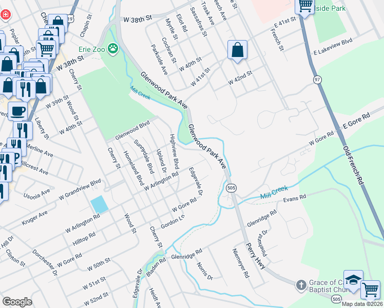 map of restaurants, bars, coffee shops, grocery stores, and more near 4710 Hilltop Rd in Erie