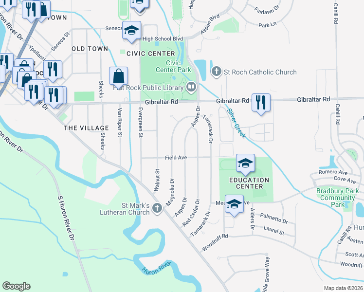 map of restaurants, bars, coffee shops, grocery stores, and more near 29444 Aspen Drive in Flat Rock