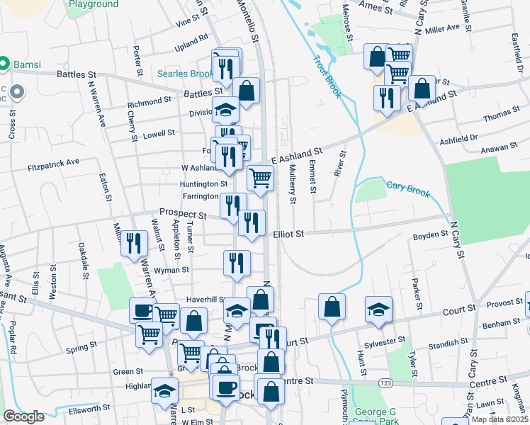 map of restaurants, bars, coffee shops, grocery stores, and more near 300 North Montello Street in Brockton