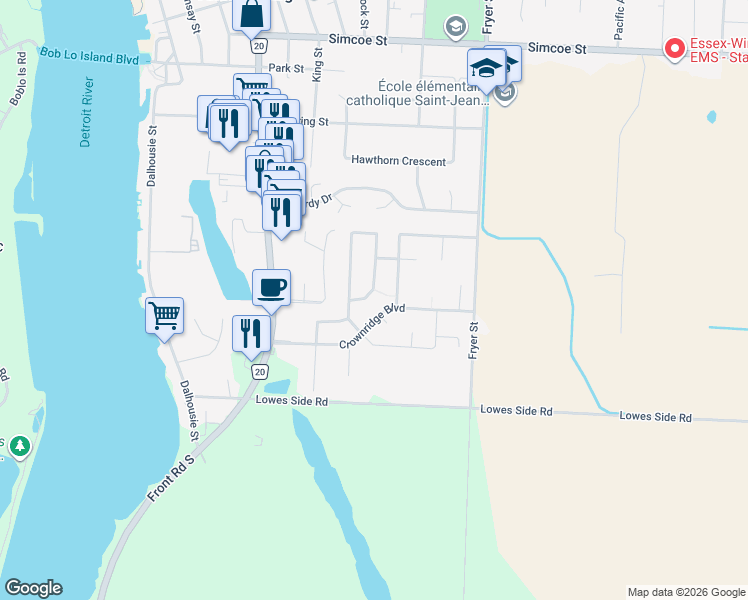 map of restaurants, bars, coffee shops, grocery stores, and more near 300 Crownridge Boulevard in Amherstburg