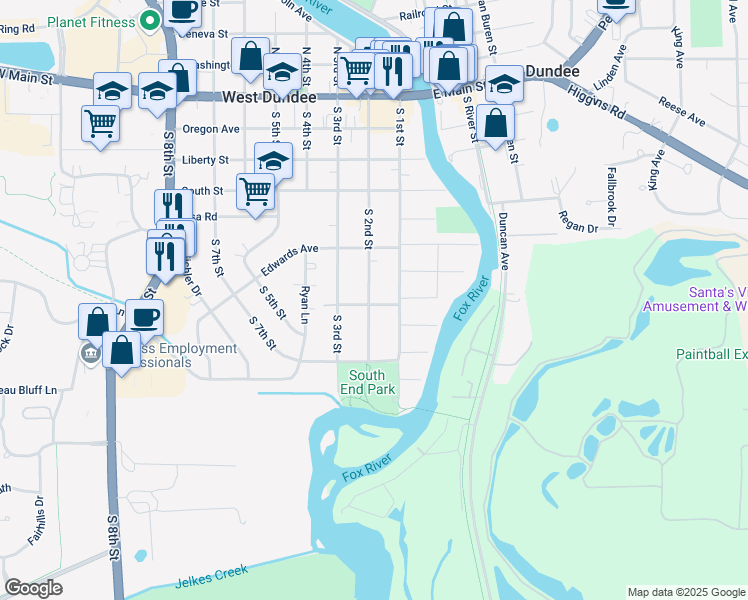 map of restaurants, bars, coffee shops, grocery stores, and more near 539 South 2nd Street in West Dundee