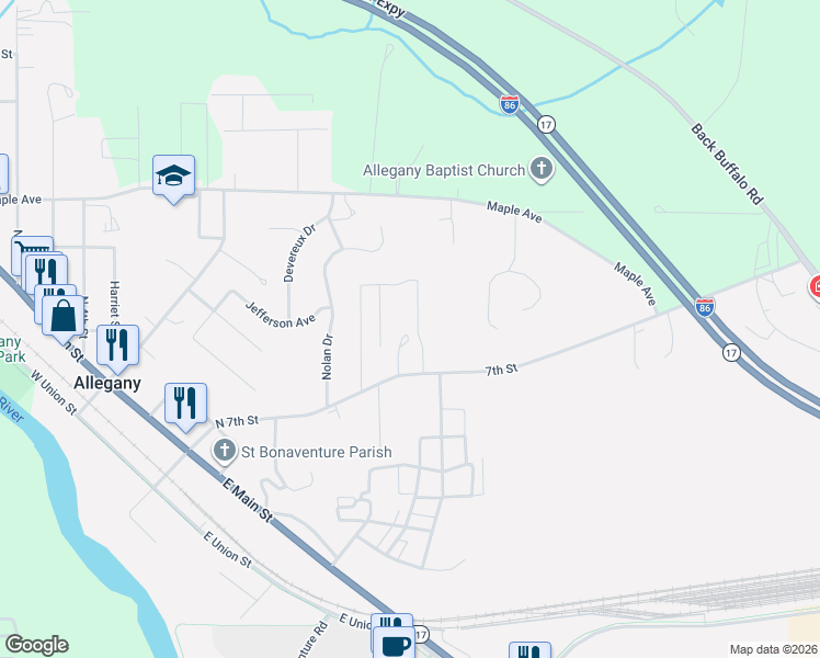 map of restaurants, bars, coffee shops, grocery stores, and more near 2 Saint Joe's Drive in Allegany