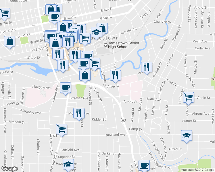 map of restaurants, bars, coffee shops, grocery stores, and more near 142 Foote Avenue in Jamestown