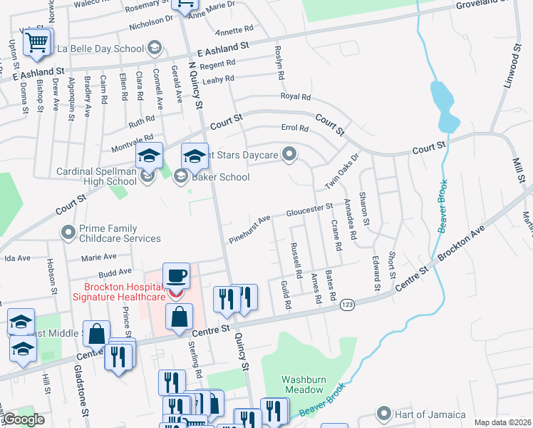 map of restaurants, bars, coffee shops, grocery stores, and more near 66 Pinehurst Avenue in Brockton