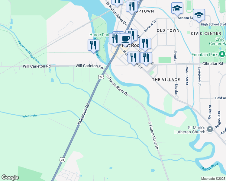 map of restaurants, bars, coffee shops, grocery stores, and more near 14738 Chamberlain Street in Flat Rock