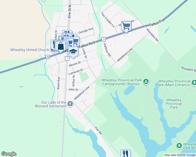 map of restaurants, bars, coffee shops, grocery stores, and more near 592 Middleton Line in Chatham-Kent