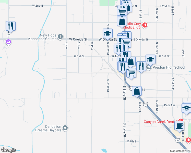 map of restaurants, bars, coffee shops, grocery stores, and more near 225 South 2nd West Street in Preston