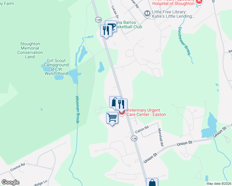 map of restaurants, bars, coffee shops, grocery stores, and more near 1975 Washington Street in Stoughton