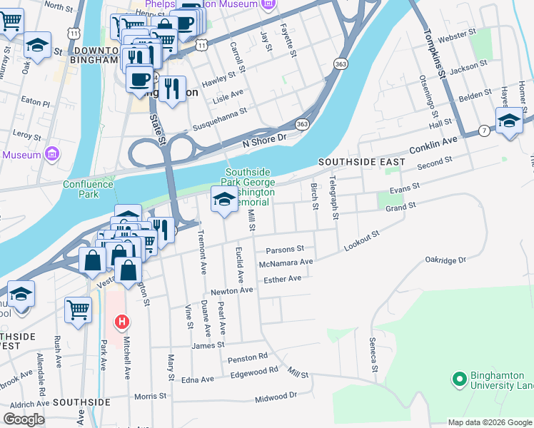 map of restaurants, bars, coffee shops, grocery stores, and more near 17 Mill Street in Binghamton