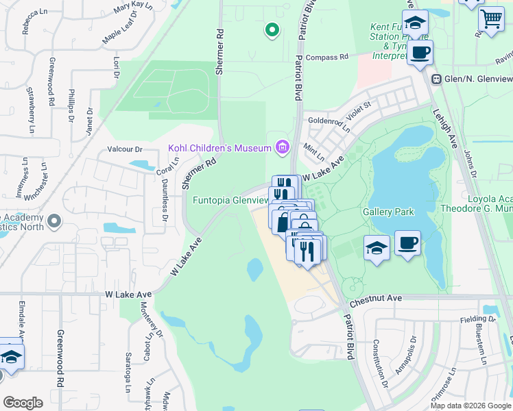 map of restaurants, bars, coffee shops, grocery stores, and more near 2016 Valor Court in Glenview