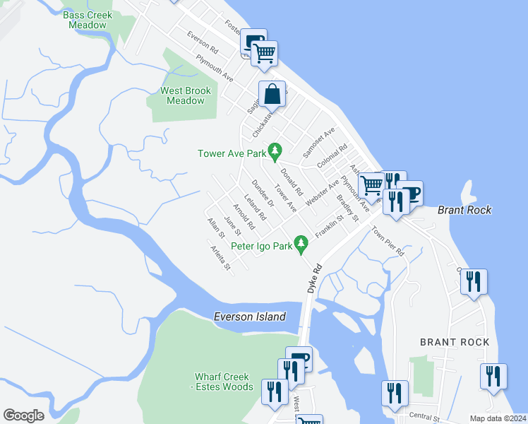 map of restaurants, bars, coffee shops, grocery stores, and more near 24 Leland Road in Marshfield