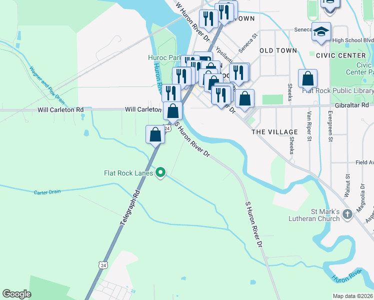 map of restaurants, bars, coffee shops, grocery stores, and more near 14734 Chamberlain Street in Flat Rock