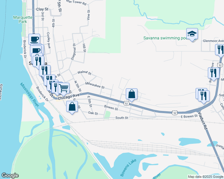 map of restaurants, bars, coffee shops, grocery stores, and more near 299 Milwaukee St in Savanna
