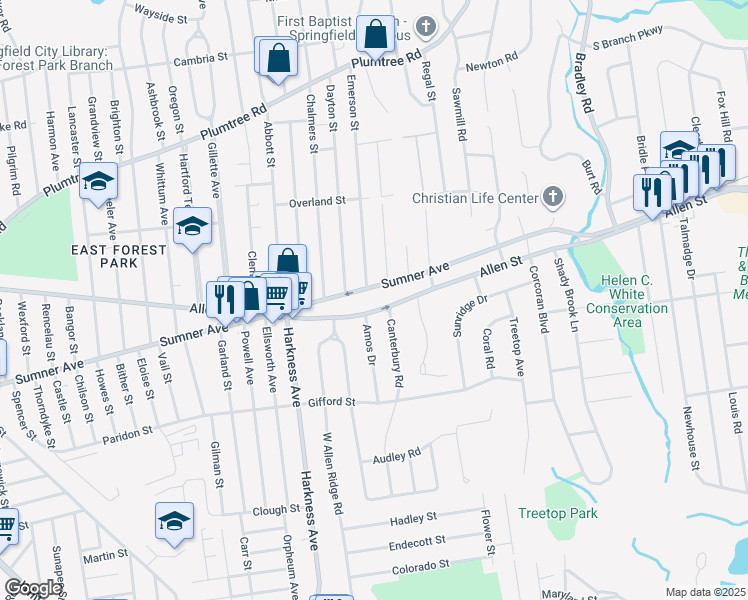 map of restaurants, bars, coffee shops, grocery stores, and more near 993 Allen Street in Springfield