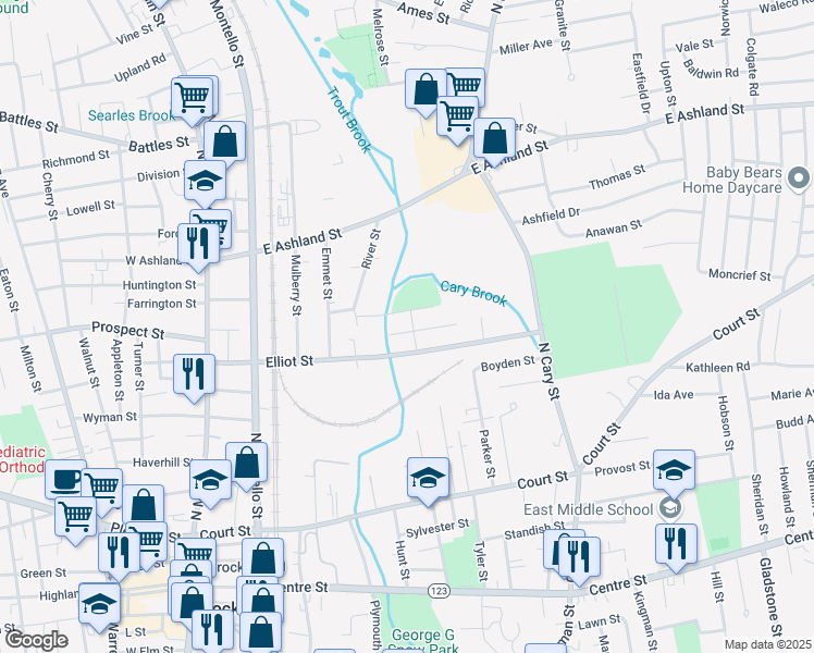 map of restaurants, bars, coffee shops, grocery stores, and more near 20 Carter Street in Brockton