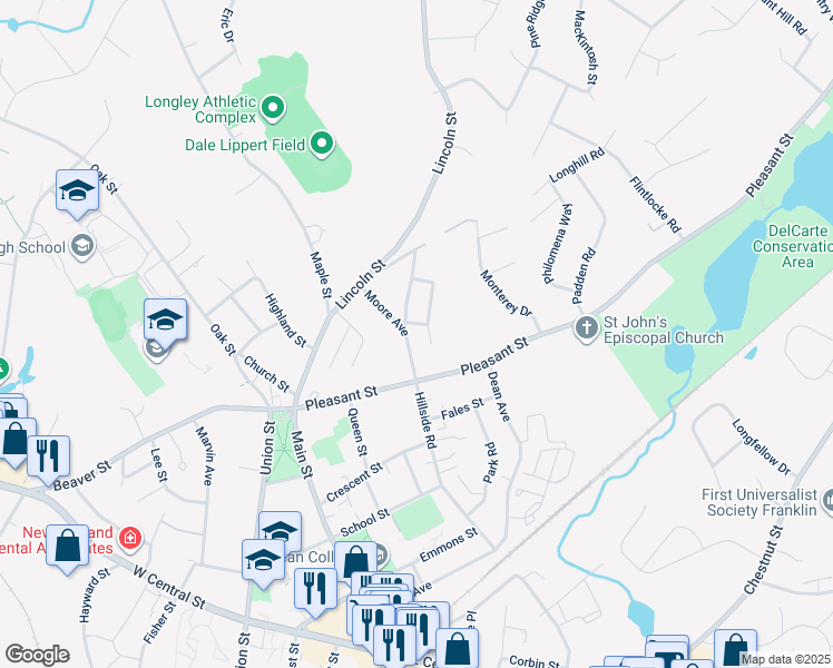 map of restaurants, bars, coffee shops, grocery stores, and more near 34 Moore Avenue in Franklin